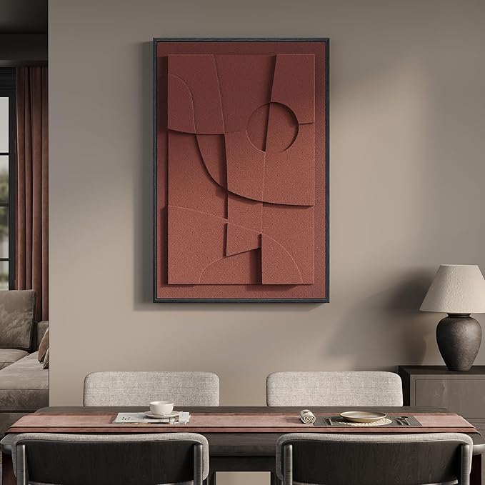 Framed 3D Abstract Wall Art, Red Textured Paintings Artwork for Walls, Modern Minimalist Geometric Wall Decor for Living Room Bedroom Dining Room Hallway Entryway Office 24x36 Inch