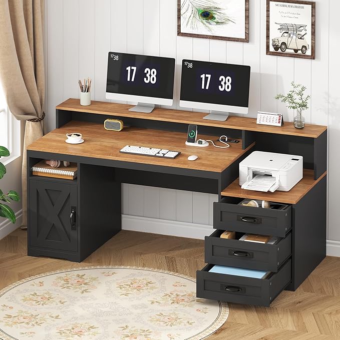 TVU Farmhouse Computer Desk with Drawers, 65'' Home Office Desk with Power Outlets, Storage Cabinet and Printer Stand, Study Writing Desks with Long Monitor Stand, Brown and Black