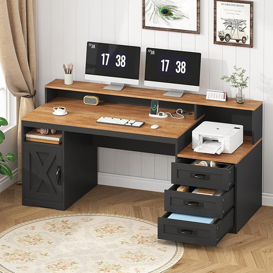 TVU Farmhouse Computer Desk with Drawers, 65'' Home Office Desk with Power Outlets, Storage Cabinet and Printer Stand, Study Writing Desks with Long Monitor Stand, Brown and Black