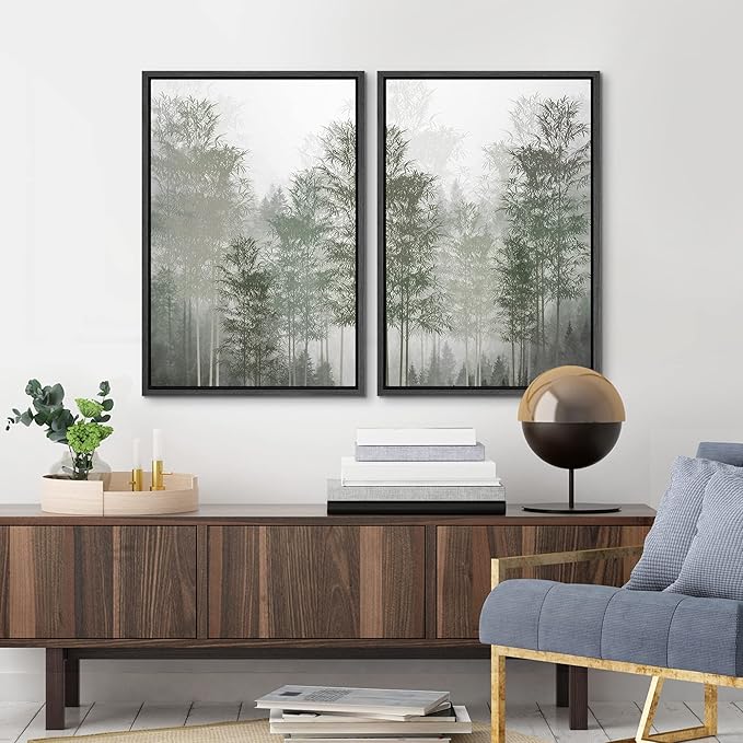 MUDECOR Framed Canvas Print Wall Art Pastel Watercolor Misty Fog Forest Tree Wilderness Nature Illustrations Modern Art Decorative Calm/Relax Multicolor Rustic Minimal for Bedroom - 24"x36"x2 Black