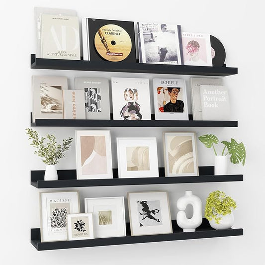 Axeman 30 Inch Black Floating Shelves | Picture Ledge Shelf Set of 4 | Rustic Wood Wall Shelves with Lip | 30" Black Picture Shelf for Wall with Ledge | Photo Shelves