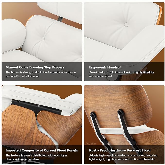 Top Grain Leather, Mid Century Chaise Lounge Chair and Ottoman, Reading Chair, Accent Lounge Chair, Modern Chair, Classic Design, Heavy Duty Base Support for Living Room Lounge Office, Walnut-White