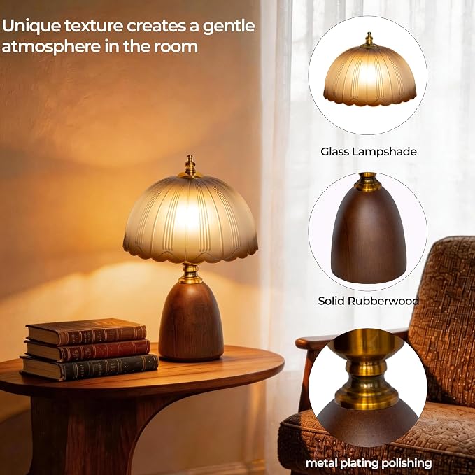13“ Mid-Century Modern Amber Small Table Lamp, Vintage Scalloped Gradient Glass Bedside Lamp for Bedroom Living Room, Solid Walnut Wood Style Base 3-Color Dimmable LED, Aesthetic Decor Gift