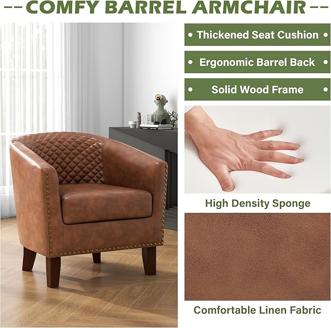 UIXE Faux Leather Accent Chair, Barrel Club Chair Modern Upholstered Armchair for Living Room, Comfy Round Arm Chair Single Sofa Bedroom Reading Seat - Brown