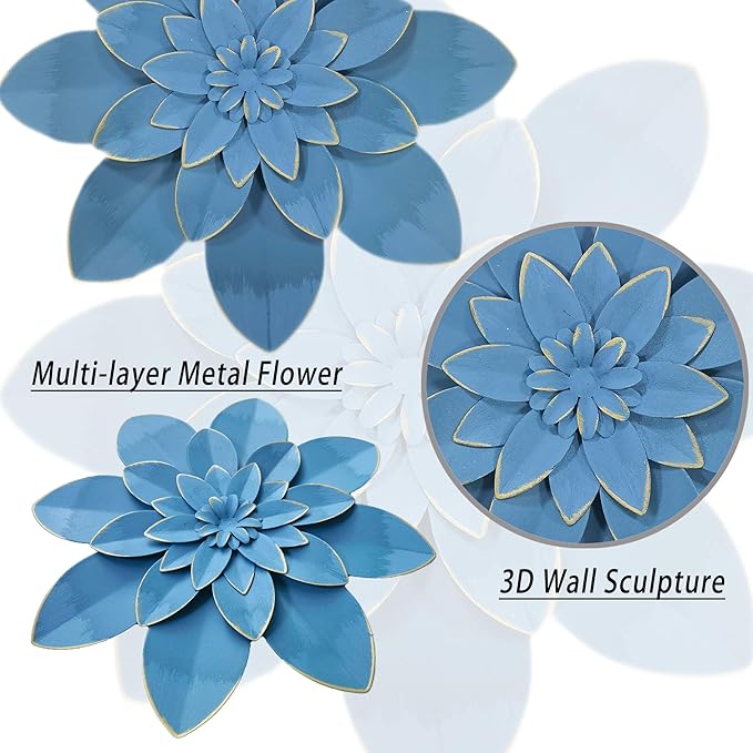 Ocean Blue Metal Flower Wall Art Decor, 9.5“ Rustic Modern Floral Sculpture, Distressed Hanging Home Decoration Accent Artworks for Indoor Bedroom Living Room Office Outdoor Garden Patio