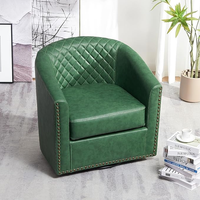 KINWELL 29" Wide Tufted Faux Leather Swivel Barrel Chair, PU Leather Modern Upholstered Accent Chairs with Nailhead Trim, Small Armchair for Living Room Bedroom, Green