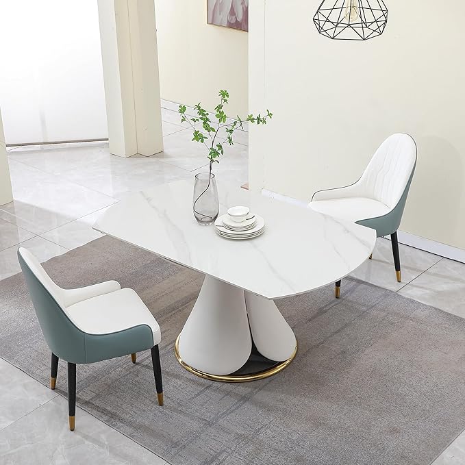 Round Marble Dining Table for 6-8, Multi-Functional Retractable Kitchen and Dining Room Table, Petal Pu Leather & Metal Base (Only Table)
