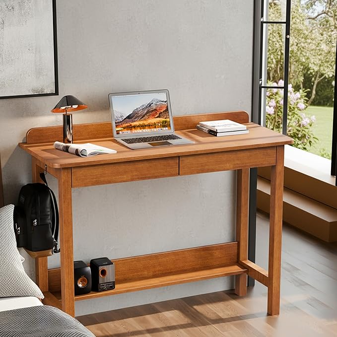 Solid Wood Desk with Drawers, 39 x 16 Inch Narrow Desk with 2 Drawers, Bookshelf & 2 Hooks, Writing & Computer Desk for Small Spaces, Mid Century Modern Desk - Walnut