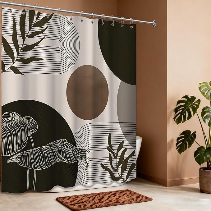 Brown and Beige Shower Curtain Light Brown Tan Taupe Boho Mid Century Modern Shower Curtains for Bathroom Decor MCM Mens Cool Bath Curtain Set, Waterproof Fabric with Hooks 70 x 84 Inch