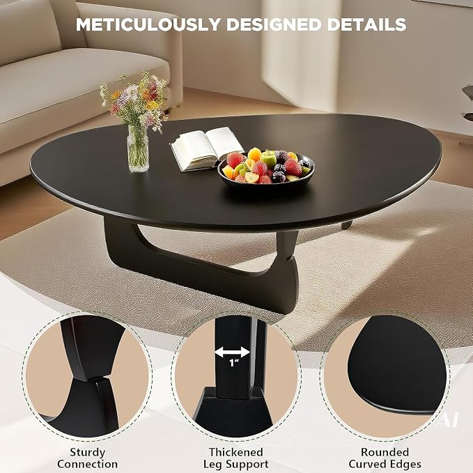 Solid Wood Triangle Coffee Table,Unique Mid Century Modern Oval Coffee Table,Irregular Geometric Tea Tables for Home Living Room with Wooden Tabletop and Reinforced Legs Black 35" L x 24" W x 16" H