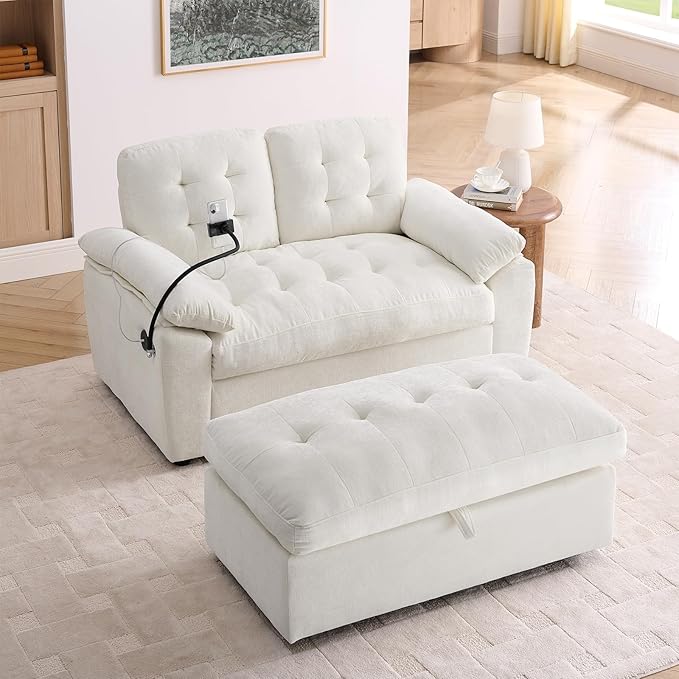 Oversized Chaise Lounge Chair Indoor, Double Convertible Recliner Reading Arm Sofa Chair W/Adjustable Backrest & Charging Port Couch Bed for Living Room, Home Theater & Bedroom, Beige