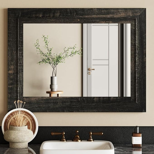 Rustic Wall-Mounted Vanity Mirror, Solid Wood Frame Bathroom Mirror, Farmhouse Style for Living Room, Bedroom, Entryway, Horizontal/Vertical Hanging