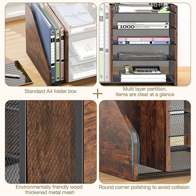 Desktop Storage with File Rack, 5-Layer Paper Letter Tray Storage, mesh Desktop Storage, and Storage Device with Office Supplies and Magazine Rack-Wood Grain