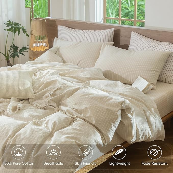 MooMee Striped Duvet Cover Set 100% Washed Cotton Linen Like Textured Breathable Durable Soft Comfy (Almond Milk Grey White Wide Stripes, King 104"x90")