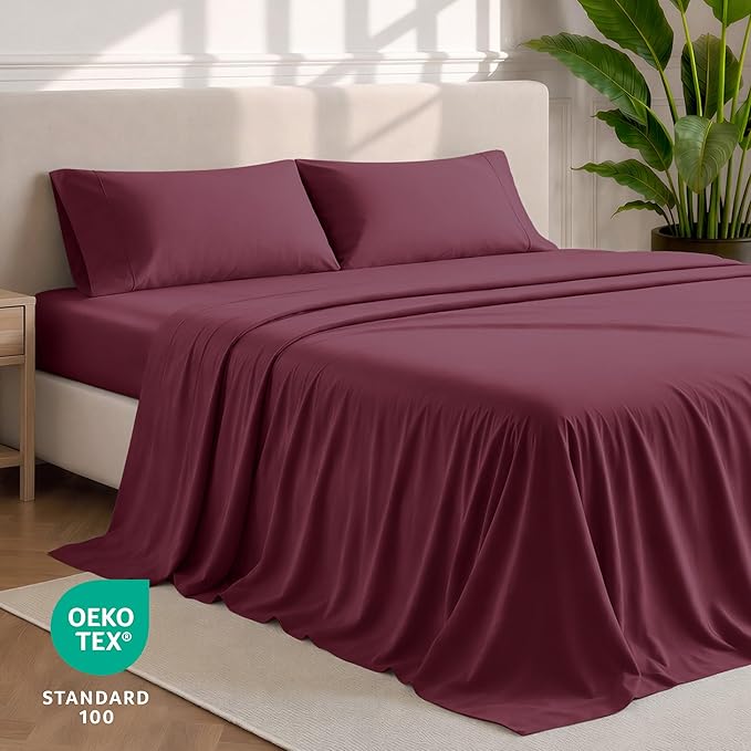 Bare Home Twin XL Sheet Set - 1800 Ultra-Soft Microfiber Twin Extra Long Bed Sheets - Double Brushed - Deep Pockets - Easy Fit - 3 Piece Set - Bedding Sheets & Pillowcases (Twin XL, Burgundy)