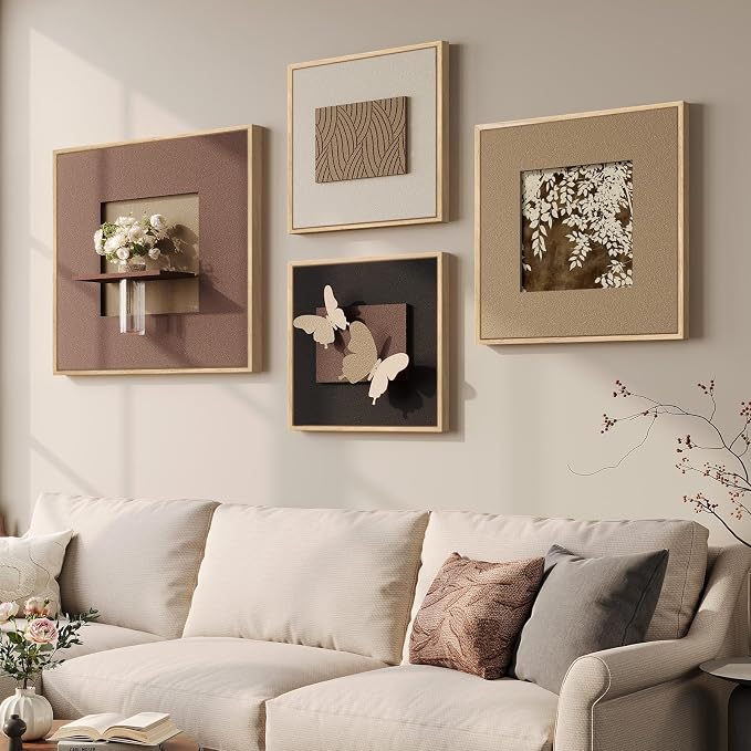 Framed 3D Wall Art Decor for Living Room, Large 4 Piece Textured Neutral Wall Decor with Vase, Modern Minimalist Butterfly Brown Sandstone Paintings Artwork for Dining Room, Hallway, Office