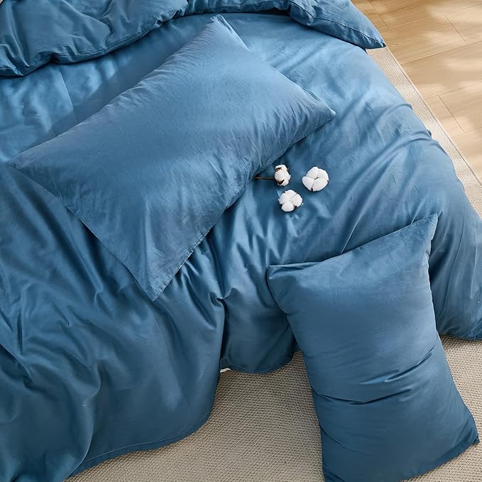 100% Washed Cotton Duvet Cover Queen Size – Dark Blue, Linen-Like Texture, Super Soft & Breathable Bedding Set, 3-Piece Durable Percale Comforter Cover