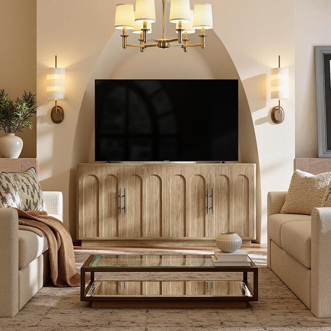 Evermagin 67" Arched Oak Buffet Cabinet with Storage, Large Credenza with 4 Doors, Wood Mid Century Modern Sideboard for Kitchen and Living Room (67"*31.5"*15.7")