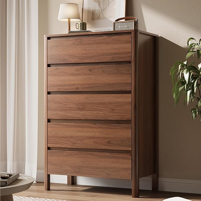 Walnut 5 Drawer Dresser for Bedroom, Modern Tall Dresser with Hidden Handles, Space-Saving Wooden Drawer Organizer, Living Room, or Hallway, Vertical Storage Chest of Drawers, 45.7" H