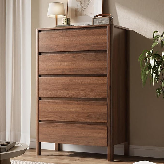 Walnut 5 Drawer Dresser for Bedroom, Modern Tall Dresser with Hidden Handles, Space-Saving Wooden Drawer Organizer, Living Room, or Hallway, Vertical Storage Chest of Drawers, 45.7" H