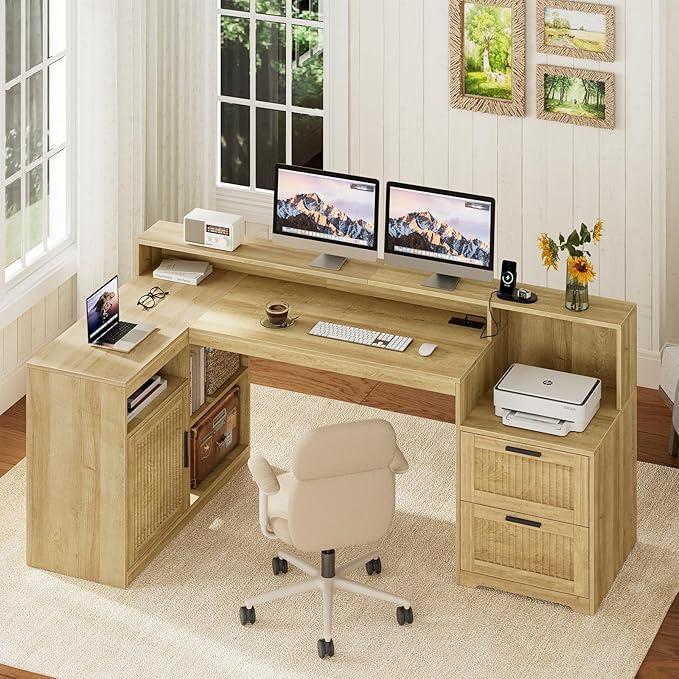 TVU Farmhouse L Shaped Desk with Drawers, 62.2" Home Office Desk with Storage Shelves and Power Outlet, L Shaped Computer Desk with Monitor Stand and Printer Shelf, Oak