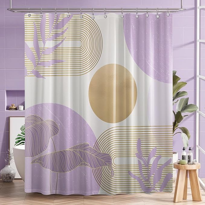 Purple Shower Curtain Lavender Light Purple and Gold Shower Curtains for Bathroom Decor MCM Bath Curtain Set, Waterproof Fabric with Hooks 70 x 72 Inch