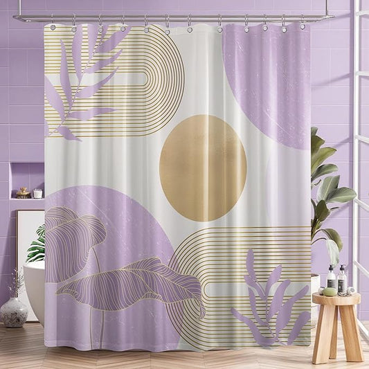 Purple Shower Curtain Lavender Light Purple and Gold Shower Curtains for Bathroom Decor MCM Bath Curtain Set, Waterproof Fabric with Hooks 70 x 72 Inch