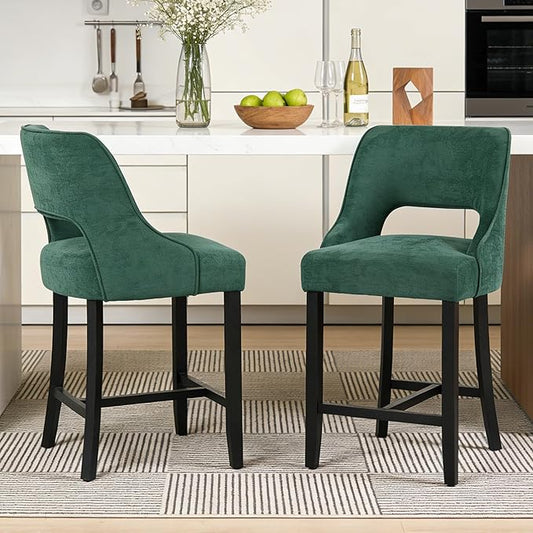 ClinQ Bar Stools Set of 2, 26" H Counter Height Bar Stools with Backs, Modern Upholstered Accent Barstools with H-Shaped Footrest for Kitchen Island, Dining Room and Bar, Green-Black Legs