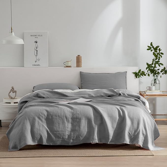 EVERLY Linen Sheets Set Full Size,100% French Stonewash Pure Linen Bed Sheets,4Pieces (1Flat Sheet,1Fitted Sheet,2Pillowcase) Suitable for Hot Sleepers,Deep Pocket Natural Bedding Set-Light Grey