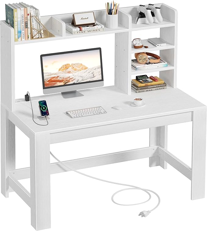WINAZ White Computer Desk with Hutch and Power Outlet - 43 Inch Small Space Study Writing Table with Storage Shelves Monitor Stand, Modern Home Office Workstation Desks for Bedroom, Easy Assembly