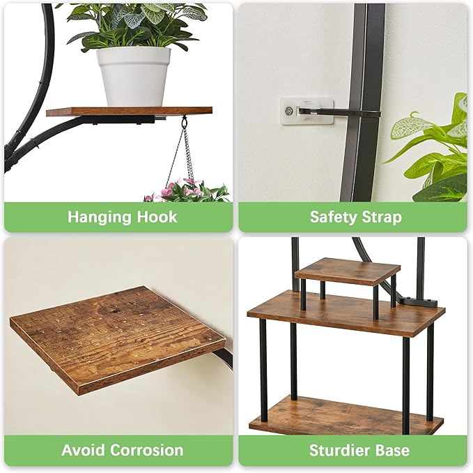 VECELO 66.1" Tall Plant Stand Indoor with Grow Lights, 9-Tier Plant Shelf with Hanging Hooks, S-Shaped Metal Plant Rack, Space-Saving for Home, Living Room & Corner Spaces, Brown