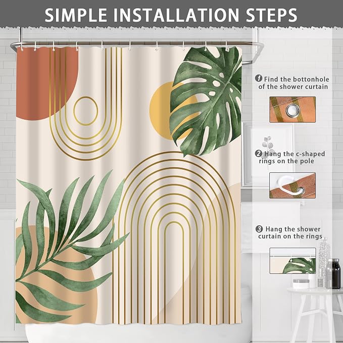 Mid Century Abstract Boho Aesthetic Shower Curtain Set, Green Nature Leaf Sun Modern Minimalist Home Bathroom Curtain Decor with 12 Hooks 72 Inch Wide * 72 Inch High