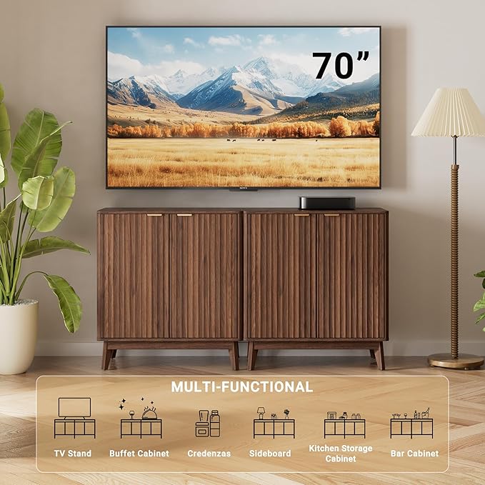 Buffet Cabinet, Small Coffee Bar Cabinet with Storage, Modern Walnut Fluted Sideboard Cabinet with Adjustable Shelf & Doors, Accent Credenza for Kitchen, Living Room, Entryway, Hallway