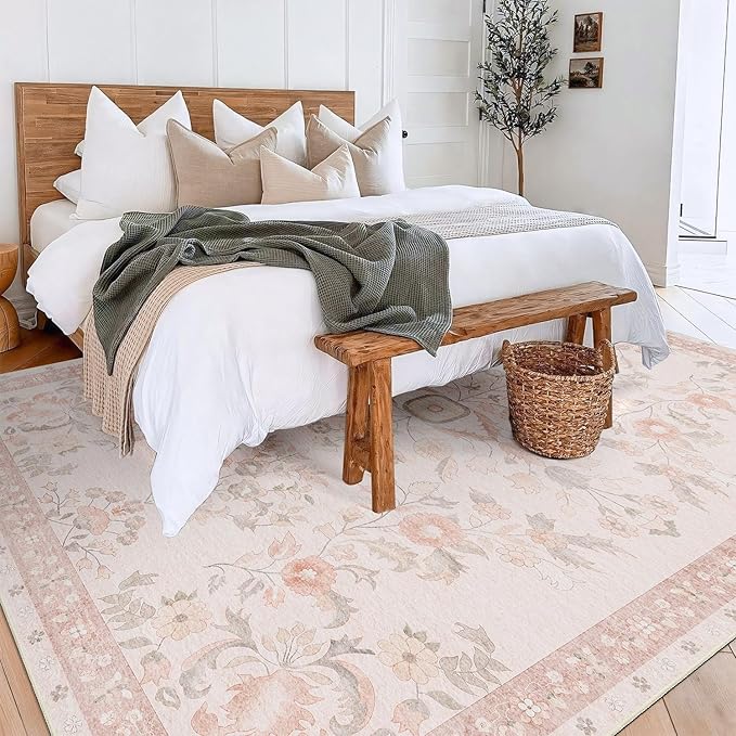 MUJOO 8x10 Area Rugs Washable,Large Floral Rugs for Living Room Bedroom Dining Room,Boho Indoor Floor Rug Non Slip Throw Carpet Low Pile Vintage Pink