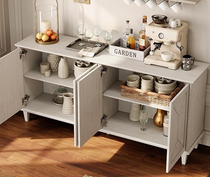 WAMPAT 65-inch Handcrafted Patchwork Decorative Buffet Cabinet with Pop-Up Design Doors,Full Unit Modern Farmhouse Accent Credenza for Coffee Bar, Kitchen, and Living Room, Pale Oak