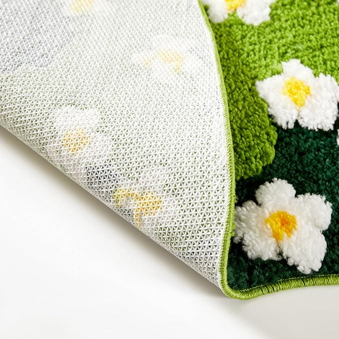 Cute Green Floral Bath Mat Microfiber Grass Bathroom Rug 20''W x 32''L Non Slip Washable, Modern Chic Boho Aesthetic Trendy Shaggy Bathroom Shower Floor Mat Absorbent