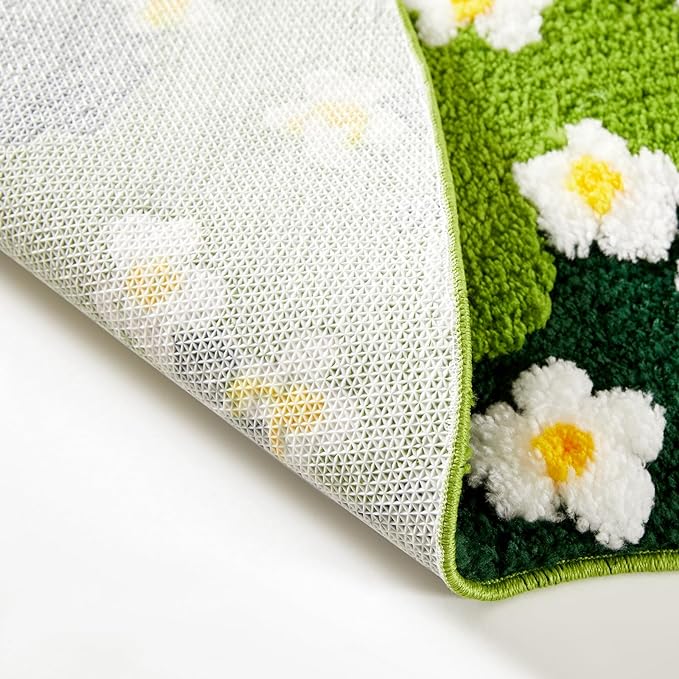 Cute Green Floral Bath Mat Microfiber Grass Bathroom Rug 16''W x 24''L Non Slip Washable, Modern Chic Boho Aesthetic Trendy Shaggy Bathroom Shower Floor Mat Absorbent