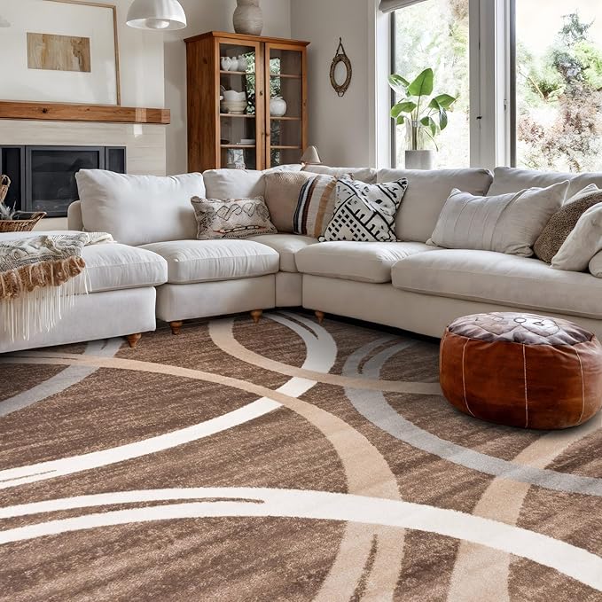 Rugshop Modern Wavy Circles Design Area Rug, Fade-Resistant Carpet for Living Room, Bedroom, or Dining Room, Brown, 6'6" x 9'