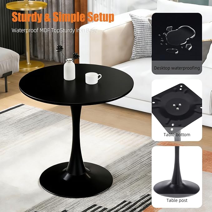 31.5" Tulip Table Round Dining Room Table, Mid-Century Modern Small Kitchen Table for 2-4 Persons, Leisure Coffee Table for Living Room Balcony Bistro Office (Black, 31.5")