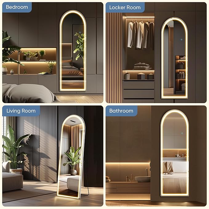 OLIXIS 20"x 63" Arched LED Full Length Mirror with Lights, Standing Lighted Floor Full Body Mirror with 3 Color Lighting, Wall Mounted Mirrors for Bedroom, Bathroom, Entryway with Tempered Glass
