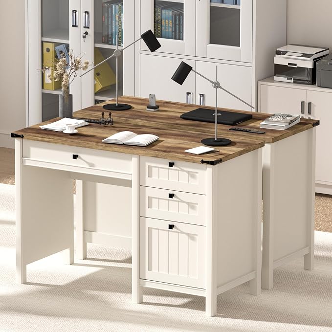Executive Desk, Farmhouse Computer Desk with Drawers & Cabinet, Home Office Desk for Work Study Writing Workspace (Antique White, 45")