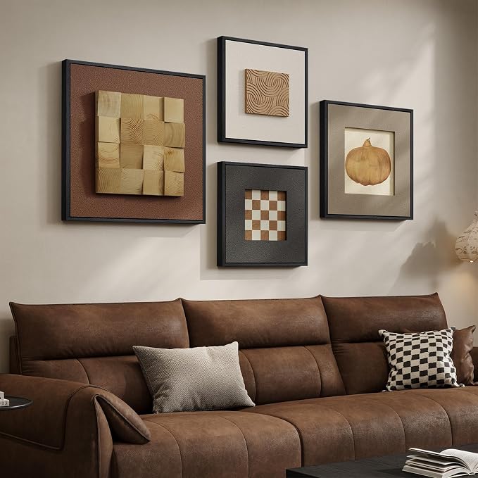 Framed 3D Wood Wall Art Decor for Living Room, 4 Piece Modern Minimalist Geometric Textured Artwork for Walls, Black and Brown Sandstone Paintings Wall Decor for Dining Room, Hallway, Bedroom