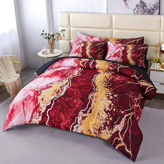 PERFEMET 6 Pieces Full Size Bed in A Bag Set Red and Gold Comforter Sets Abstract Watercolor Marble Bed Comforter with Sheets Artwork Retro Luxury Tie Dye Bedding Set(Red, Full)