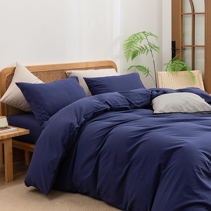 BESTOUCH Duvet Cover Set 100% Washed Cotton Linen Feel Super Soft Comfortable Chic Lightweight 3 PCs Home Bedding Set Solid Navy Blue Super King Plus