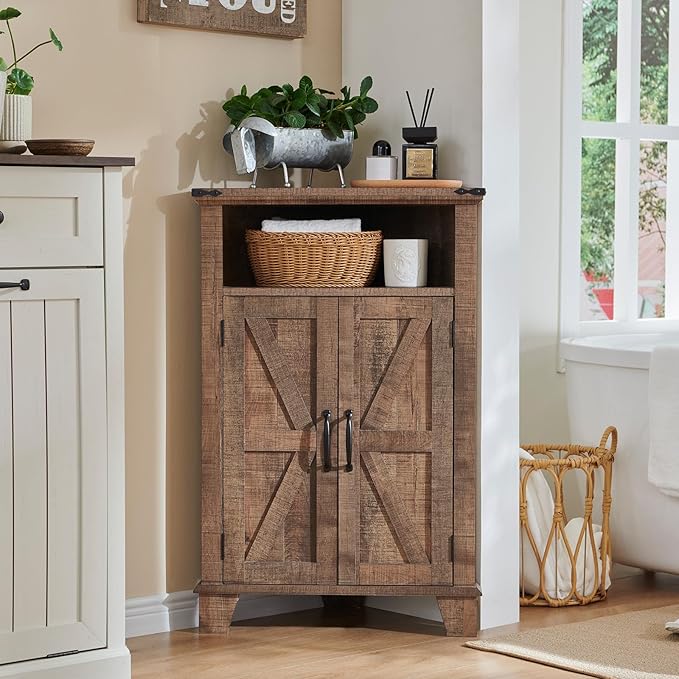 ACCOHOHO Corner Bathroom Cabinet, Farmhouse Small Corner Cabinet with Barn Door & Adjustable Shelf, Storage Cabinets for Bathroom, Kitchen, Living Room, Rustic Brown