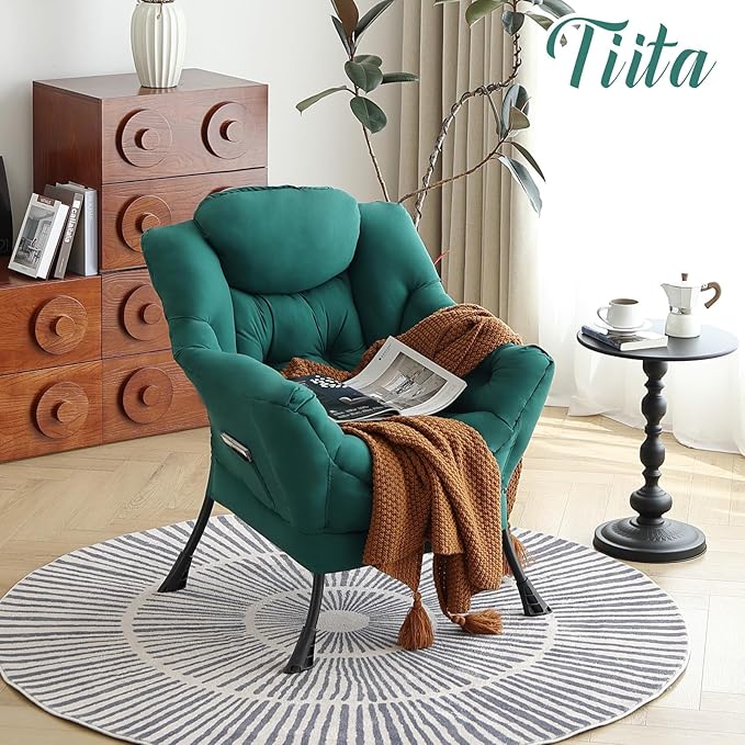 Tiita Lazy Chair, Green Modern Large Accent Armchair, Comfy Leisure Sofa Reading Chair for Bedroom, Living Room, Dorm Rooms, Garden and Courtyard, Green