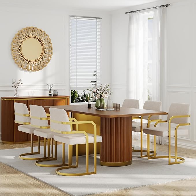 AUZ 78in Farmhouse Dining Table for 4-8, Rectangular Wood Kitchen Table with Walnut Veneer Top and Roman Column Legs, Large Dining Room Table for Dining Room, Living Room