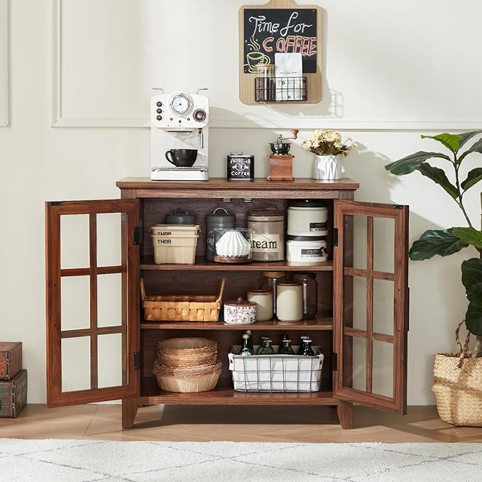 Large Sideboard Buffet Cabinet with Storage, 32" Farmhouse Kitchen Coffee Wine Bar Cabinet with 2 Glass Doors, Wood Mid Century Modern Side Board Table for Dining Room, Living Room, Brown