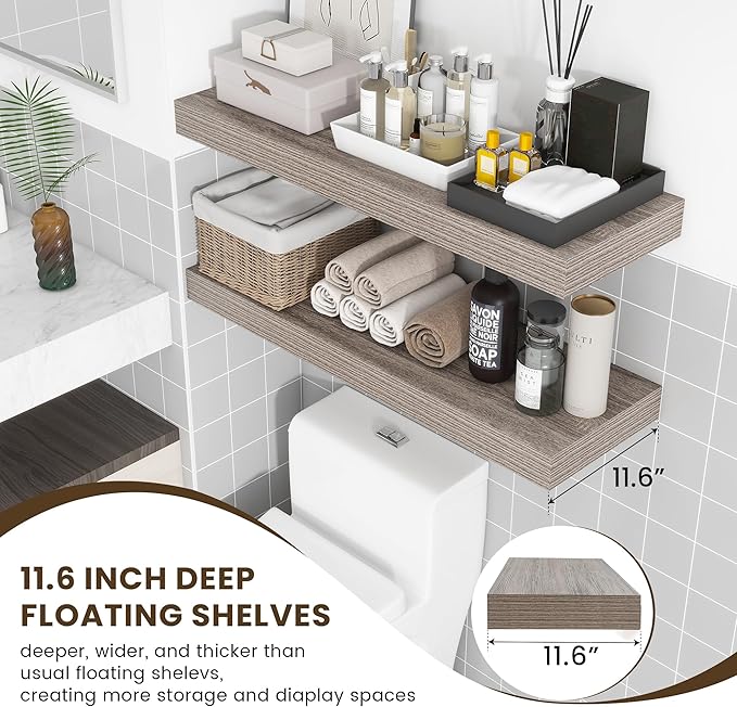 Deep Floating Shelves | 36 Inch Grey Floating Shelves Set of 2 | 12 Inch Deep Rustic Wood Shelves for Wall | 36" W x 12" D Grey Shelves for Living Room Bathroom Laundry Room Kitchen
