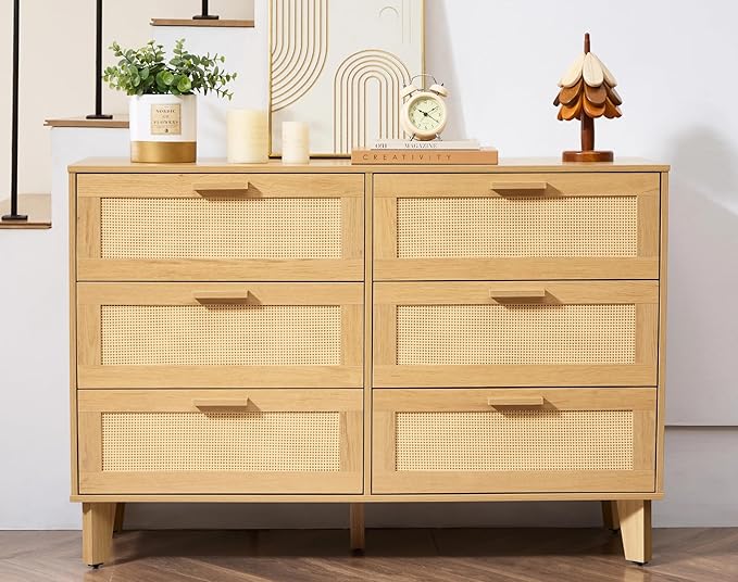 Dresser for Bedroom with 6 Drawers – Wide Chest of Drawers with Pulls Handles, Solid Wood Legs, Easy Assembly, Farmhouse Tall Dressers for Closet, Living Room,Hallway and Entryway Oak